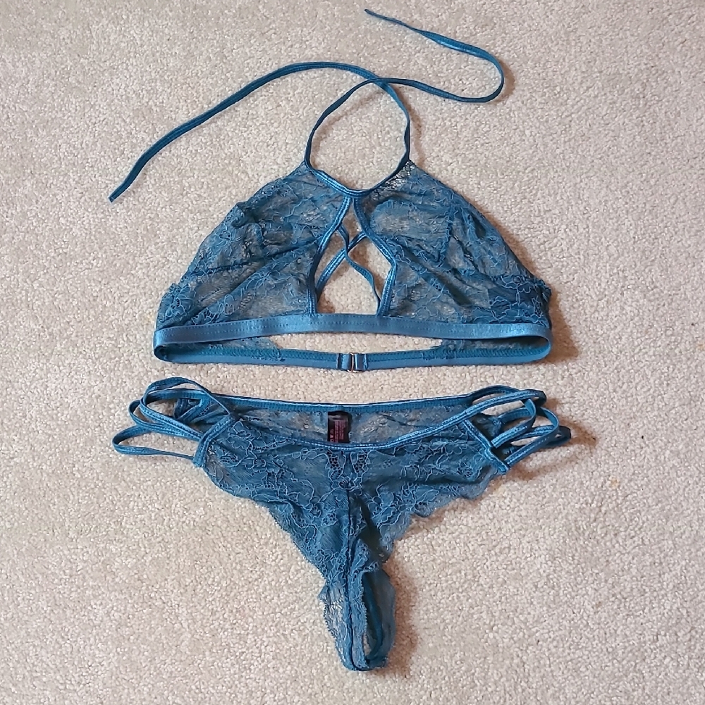 Teal Lace Strappy Halter Bralette & Thong Set